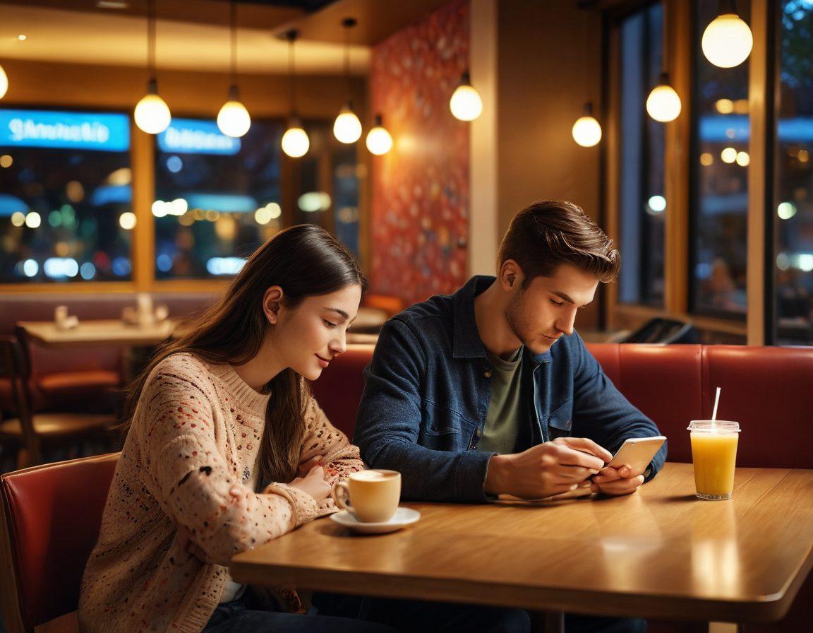A serene and intimate scene where a couple sits close together, each engrossed in their smartphones, with a warm glow illuminating their faces, symbolizing the connection between technology and romance. Surrounding them are ethereal digital hearts and soft circuit patterns blending into a cozy café atmosphere. The background shows a modern university campus subtly hinting at UTS. The overall mood should evoke warmth and closeness, contrasting the digital age with human emotions. vibrant colors. super-realistic. soft focus.