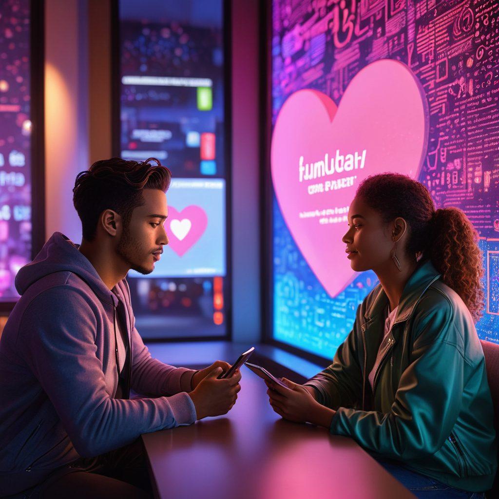 A couple engaged in a warm conversation with their devices in hand, surrounded by futuristic technology like holographic screens displaying love quotes and relationship advice. Capture the warmth of affection contrasted with the coolness of technology, integrating elements like a heart symbol made of circuit patterns in the background. The setting should be modern, with a hint of an urban landscape outside a window. super-realistic. vibrant colors. 3D.