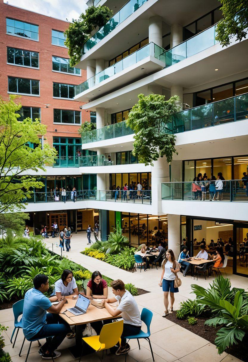 A vibrant university campus scene, featuring diverse students engaged in heartfelt conversations and collaborative projects, surrounded by lush greenery and modern architecture. In the background, banners showcasing innovative tech ideas and emotional connectivity in education. Warm, inviting colors that evoke a sense of community and belonging. super-realistic. vibrant colors. bright atmosphere.